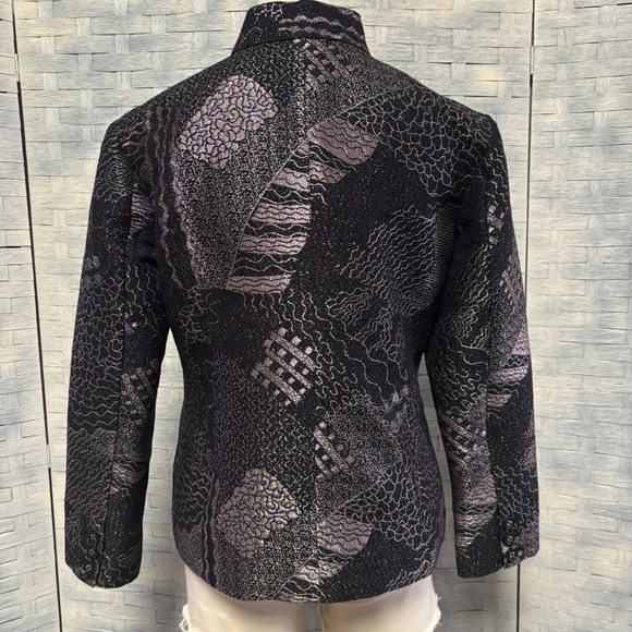Chicos Blazer Sz 1 Medium Textured Metallic Paisley Mandarin Collar Button Front - Picture 5 of 11